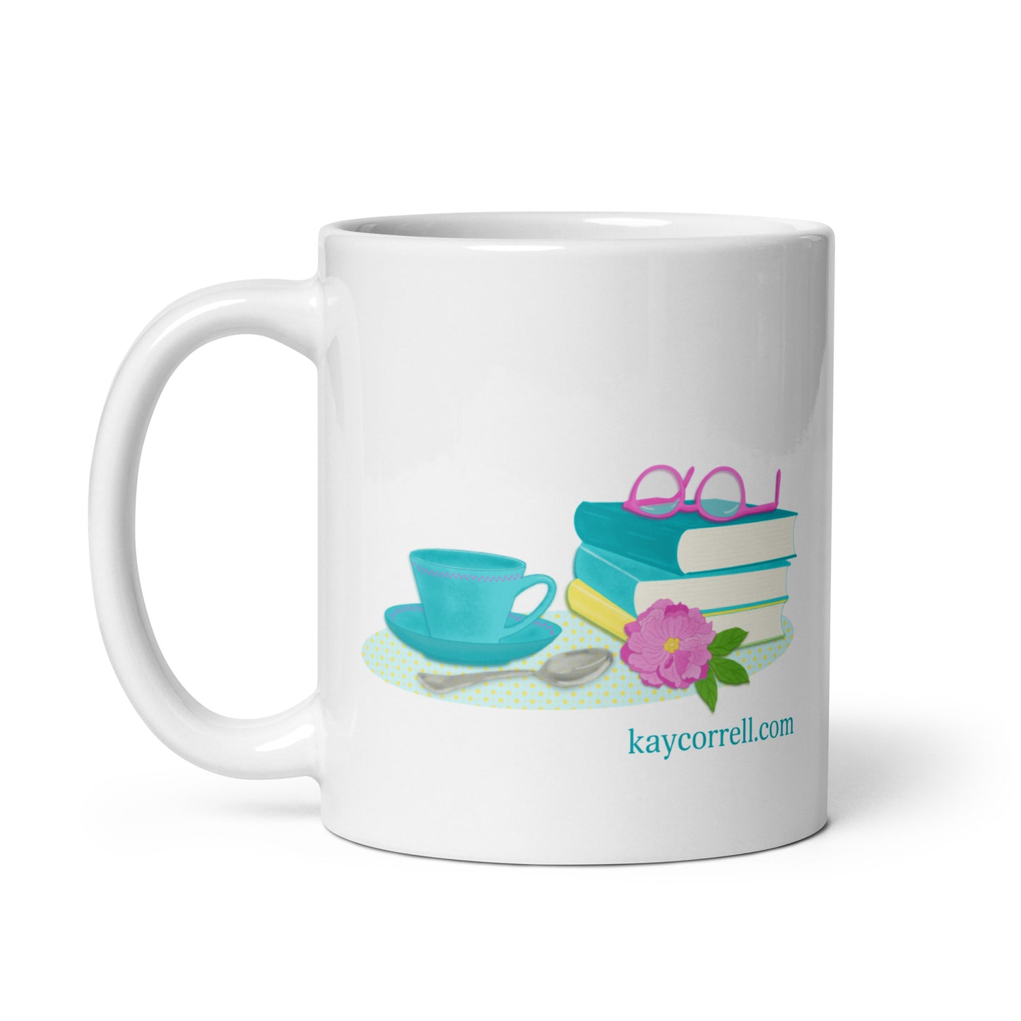 White mug with I drink Coffee and Read books, illustration on other side.