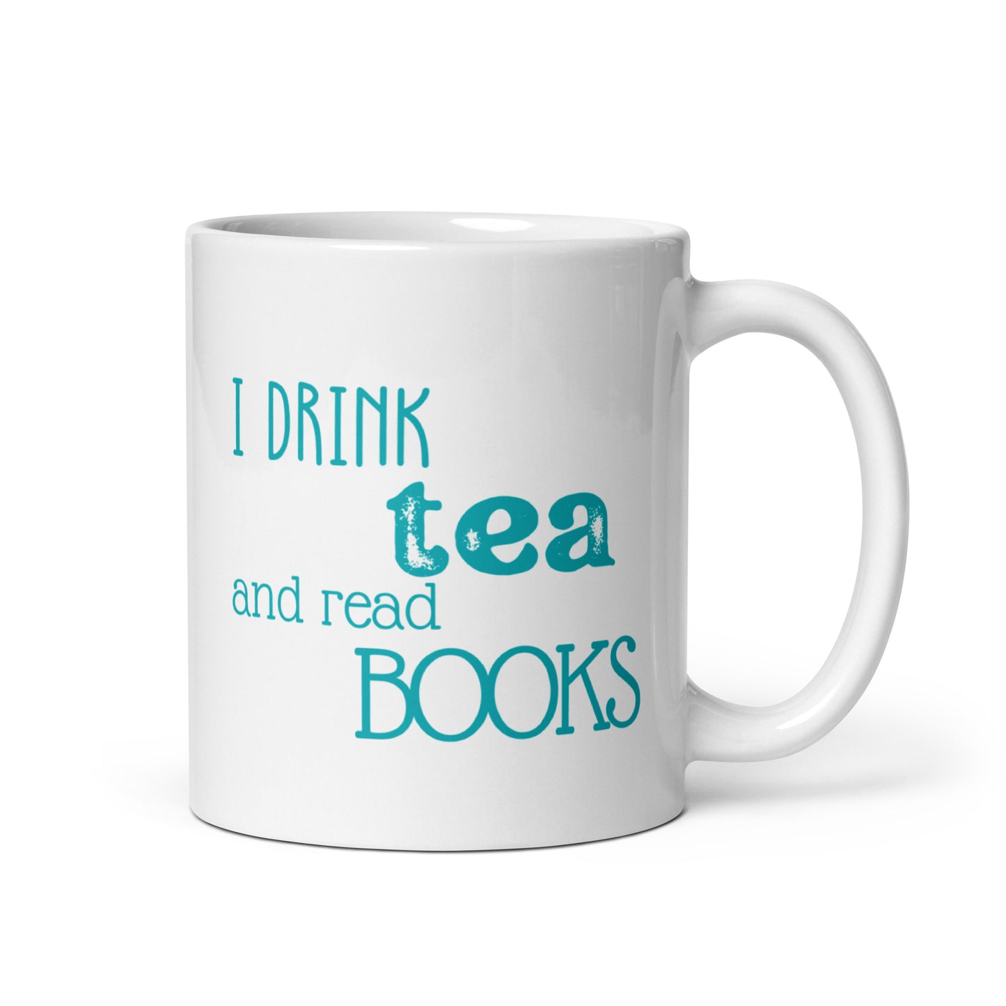 White mug with I drink tea and read books. Illustration on other side